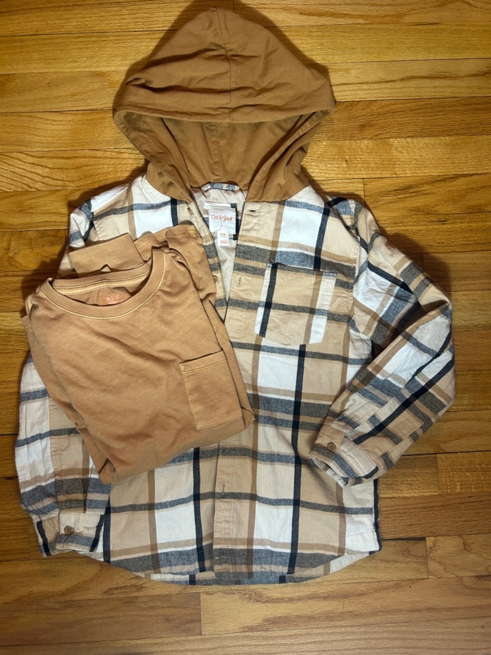 Cat & Jack Tan Plaid Hooded Button-Front Shirt with Tan Pocket Tee